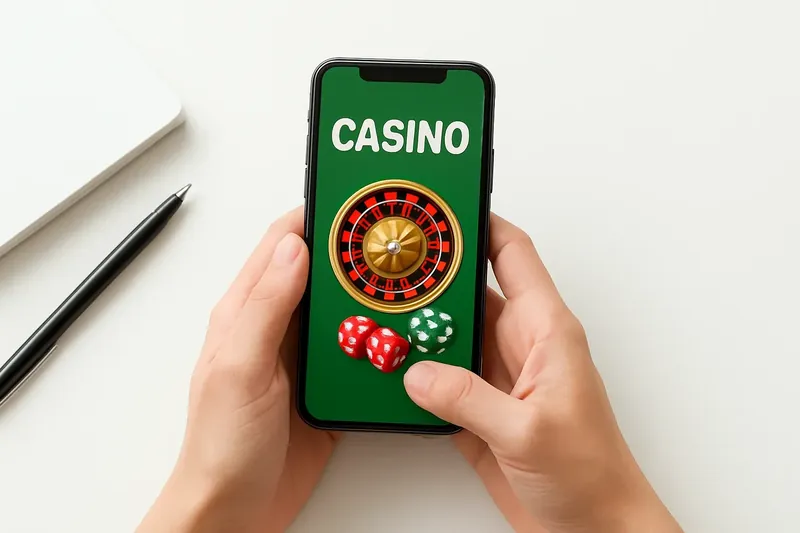 Hands holding phone with casino app above clean white desk
