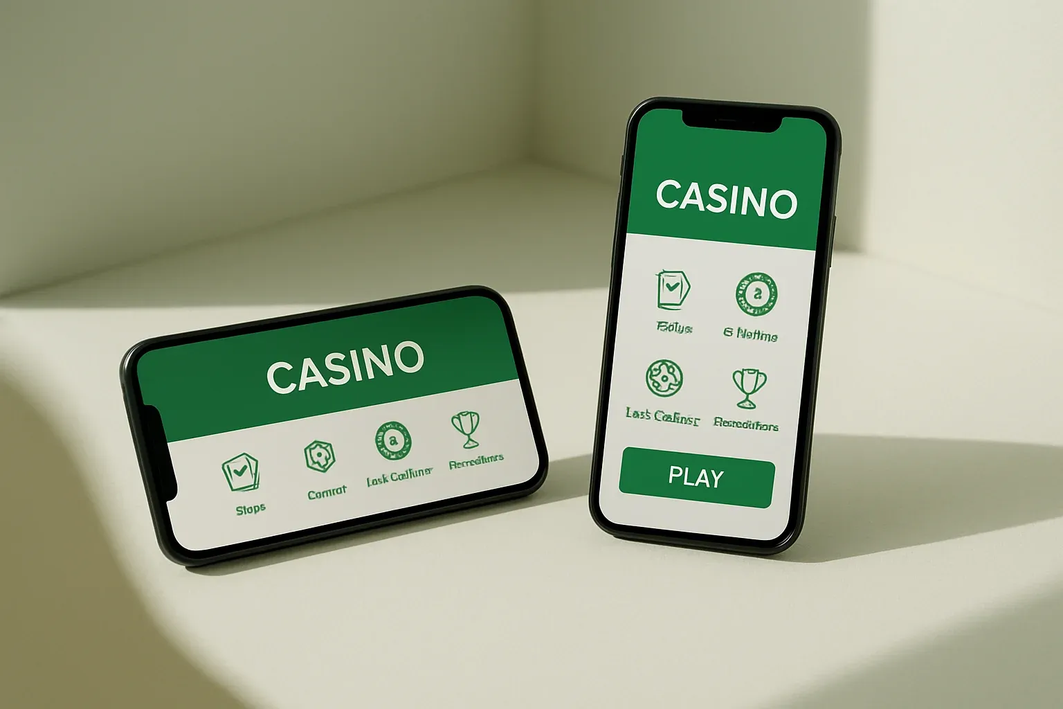 Casino App Phones Two smartphones displaying a clean light casino app on white surface
