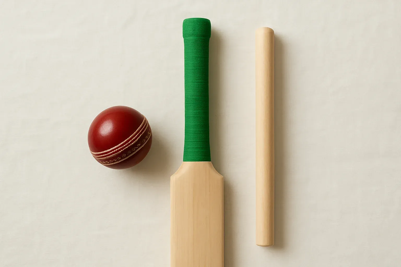 Overhead flat lay of cricket ball, bat handle and stump