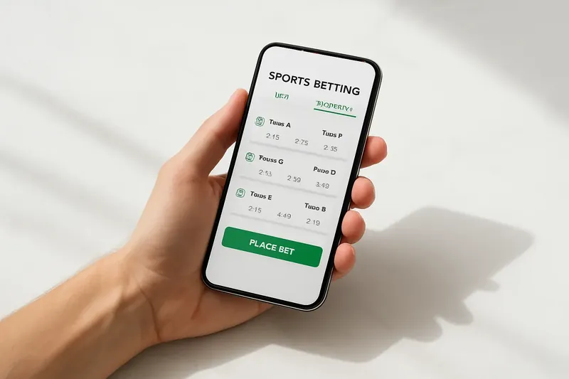 Hand holding smartphone showing sports betting odds on marble surface