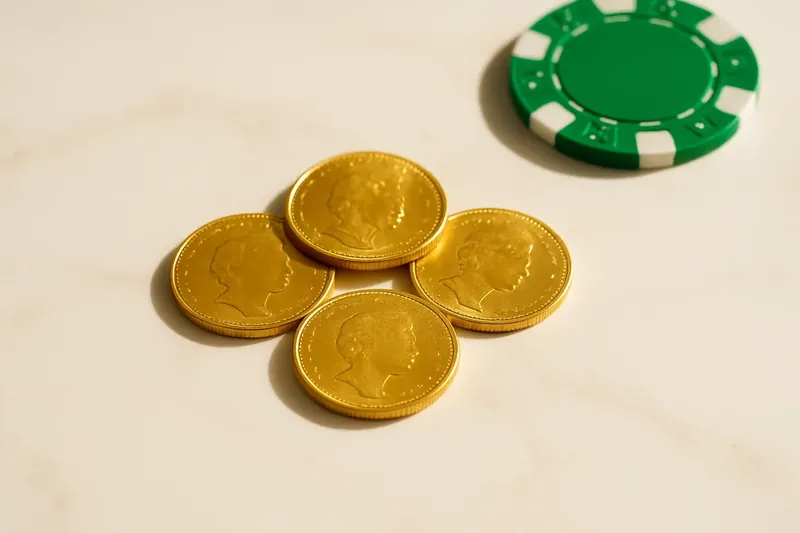 Five gold coins on cream marble with poker chip edge