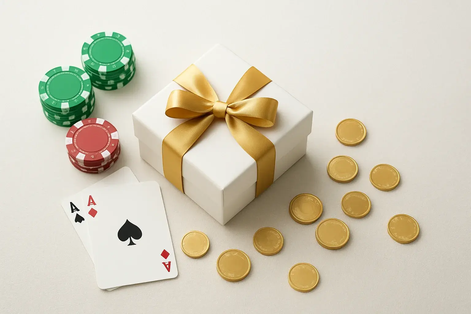 Premium gift box with casino chips, cards, and gold coins