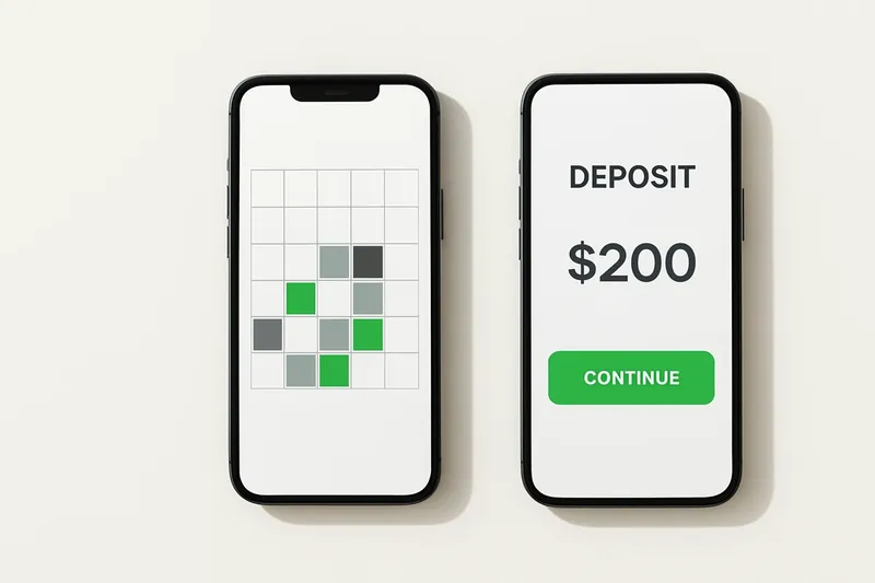 Two smartphones on cream background showing game grid and deposit screen