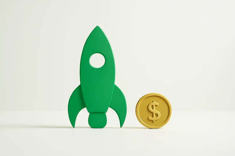 Minimalist rocket icon with gold coin on white background