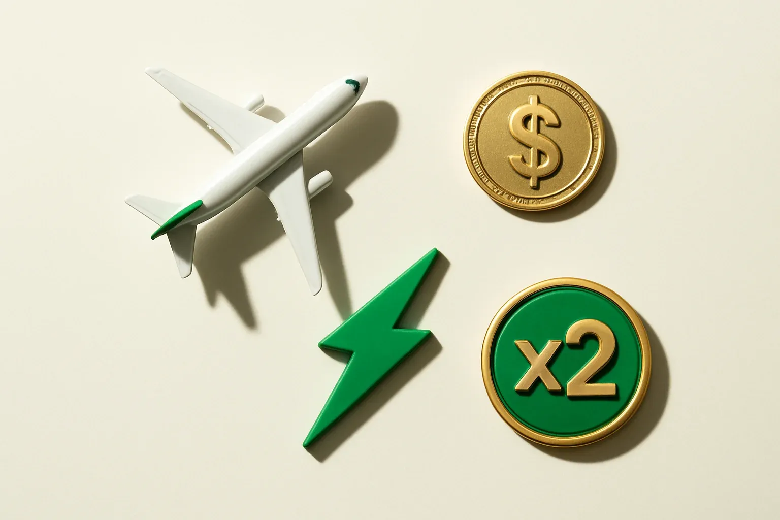 Instant Game Tokens Overhead flat lay with airplane figurine, gold coin, lightning token, multiplier badge