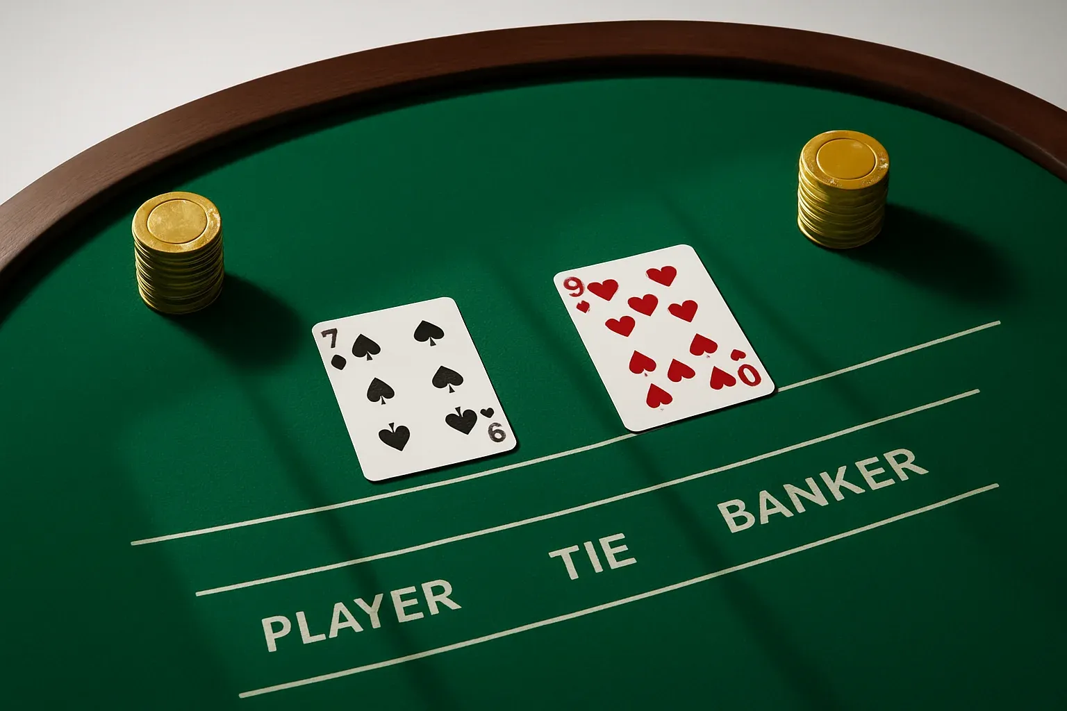 Overhead view of live baccarat table with gold chip towers