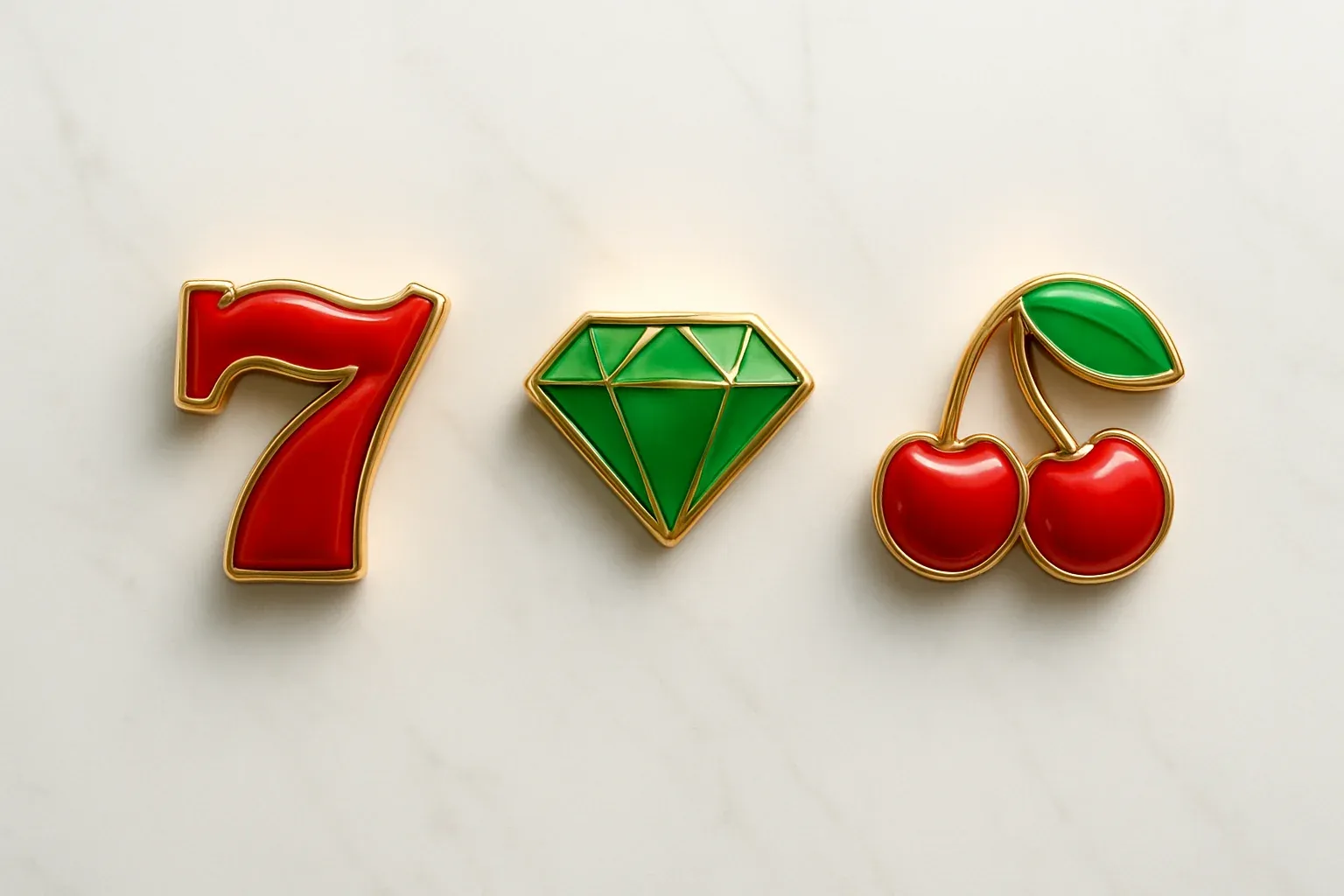 Three polished slot symbols on white marble with warm spotlights