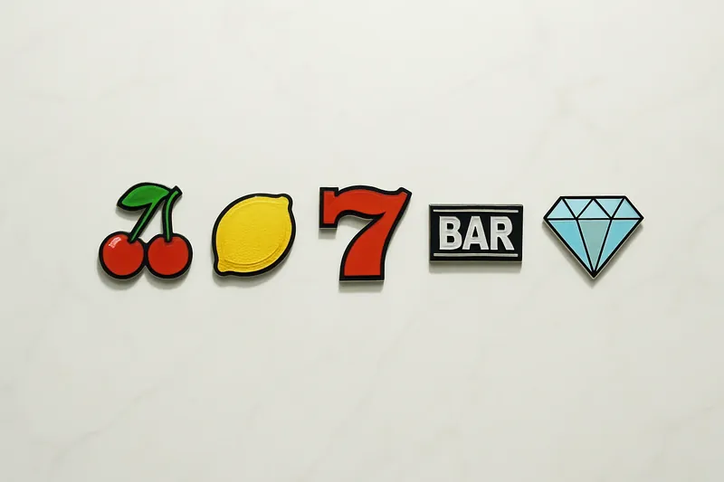 Five polished slot symbols in a neat row on white marble